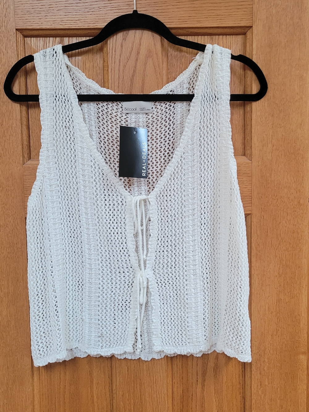 NWT Cream Open-Knit Tie-Front Top